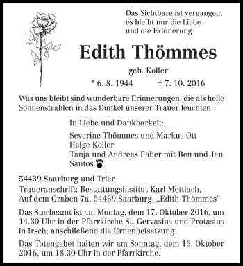 Traueranzeige von Edith Thömmes von trierischer_volksfreund