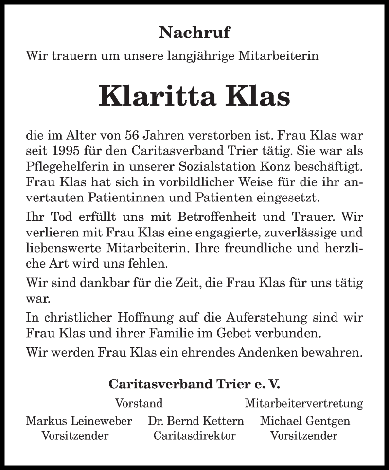  Traueranzeige für Klaritta Klas vom 25.10.2016 aus trierischer_volksfreund