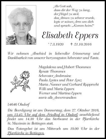 Traueranzeige von Elisabeth Eppers von trierischer_volksfreund