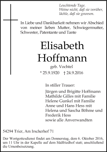 Traueranzeige von Elisabeth Hoffmann von trierischer_volksfreund