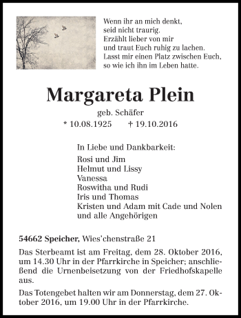 Traueranzeige von Margareta Plein von trierischer_volksfreund