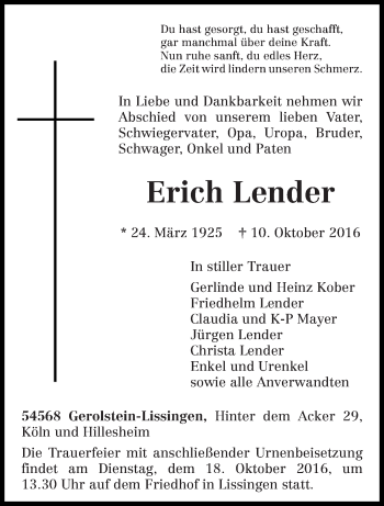Traueranzeige von Erich Lender von trierischer_volksfreund