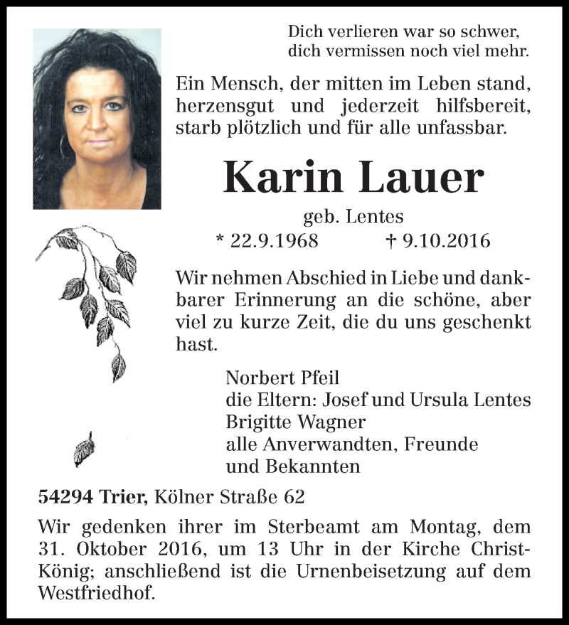  Traueranzeige für Karin Lauer vom 28.10.2016 aus trierischer_volksfreund