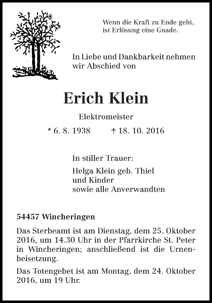  Traueranzeige für Erich Klein vom 22.10.2016 aus trierischer_volksfreund