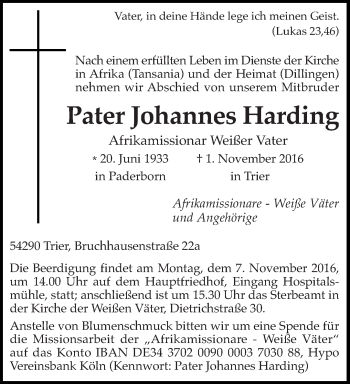 Traueranzeige von Johannes Harding von trierischer_volksfreund