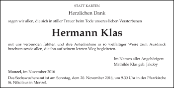 Traueranzeige von Hermann Klas von trierischer_volksfreund