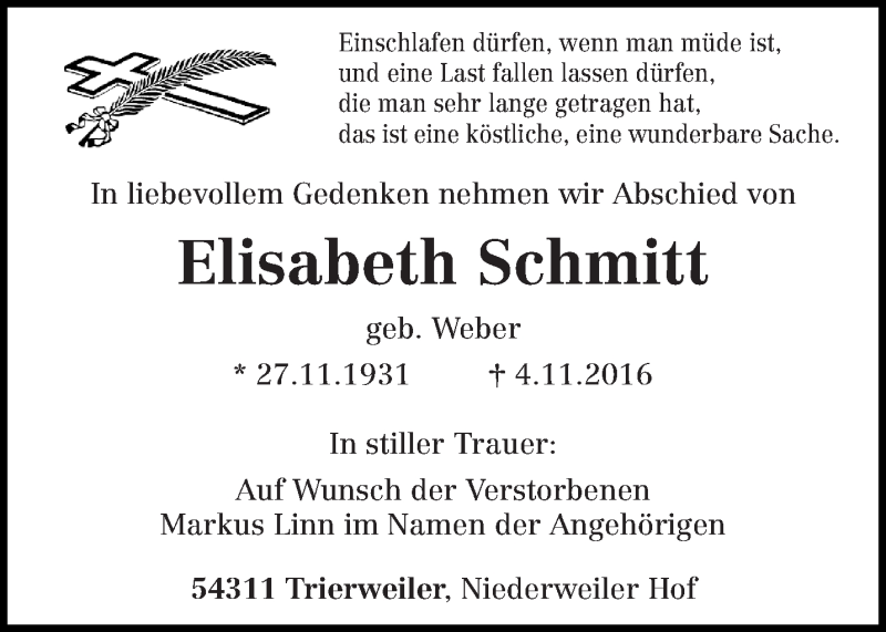 Traueranzeige für Elisabeth Schmitt vom 12.11.2016 aus trierischer_volksfreund