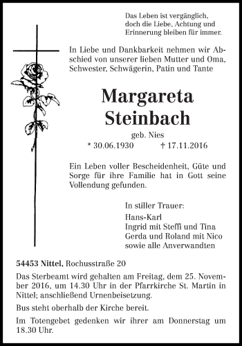 Traueranzeige von Margareta Steinbach von trierischer_volksfreund