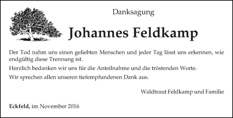  Traueranzeige für Johannes Feldkamp vom 22.11.2016 aus trierischer_volksfreund