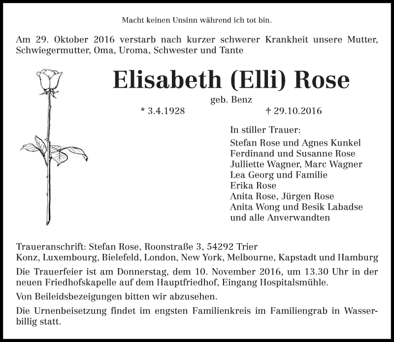  Traueranzeige für Elisabeth Rose vom 05.11.2016 aus trierischer_volksfreund