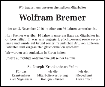 Traueranzeige von Wolfram Bremer von trierischer_volksfreund