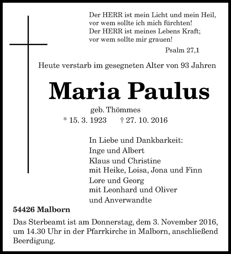  Traueranzeige für Maria Paulus vom 31.10.2016 aus trierischer_volksfreund