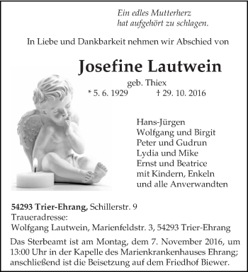 Traueranzeige von Josefine Lautwein von trierischer_volksfreund