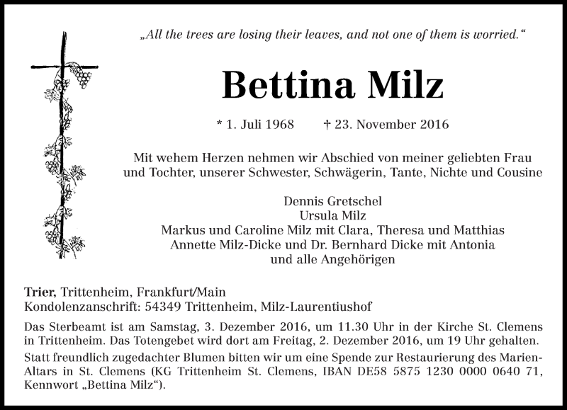  Traueranzeige für Bettina Milz vom 29.11.2016 aus trierischer_volksfreund