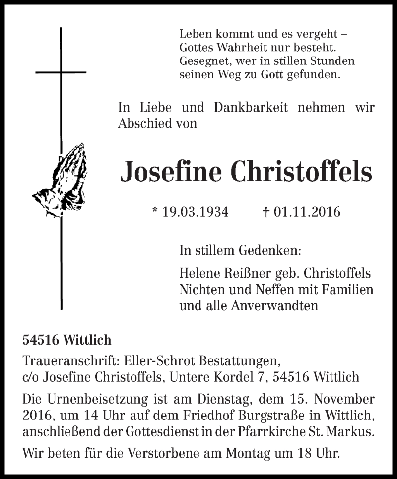  Traueranzeige für Josefine Christoffels vom 10.11.2016 aus trierischer_volksfreund