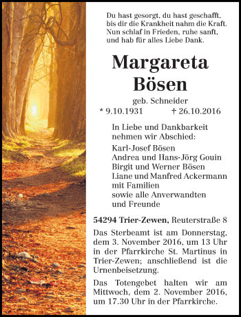 Traueranzeige von Margareta Bösen von trierischer_volksfreund