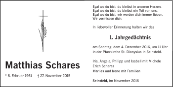 Traueranzeige von Matthias Schares von trierischer_volksfreund