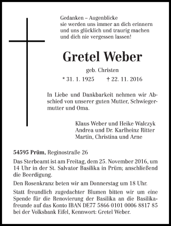 Traueranzeige von Gretel Weber von trierischer_volksfreund