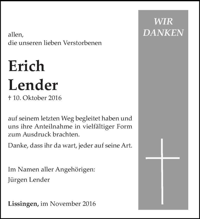  Traueranzeige für Erich Lender vom 05.11.2016 aus trierischer_volksfreund