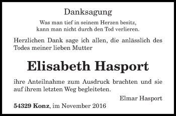 Traueranzeige von Elisabeth Hasport von trierischer_volksfreund