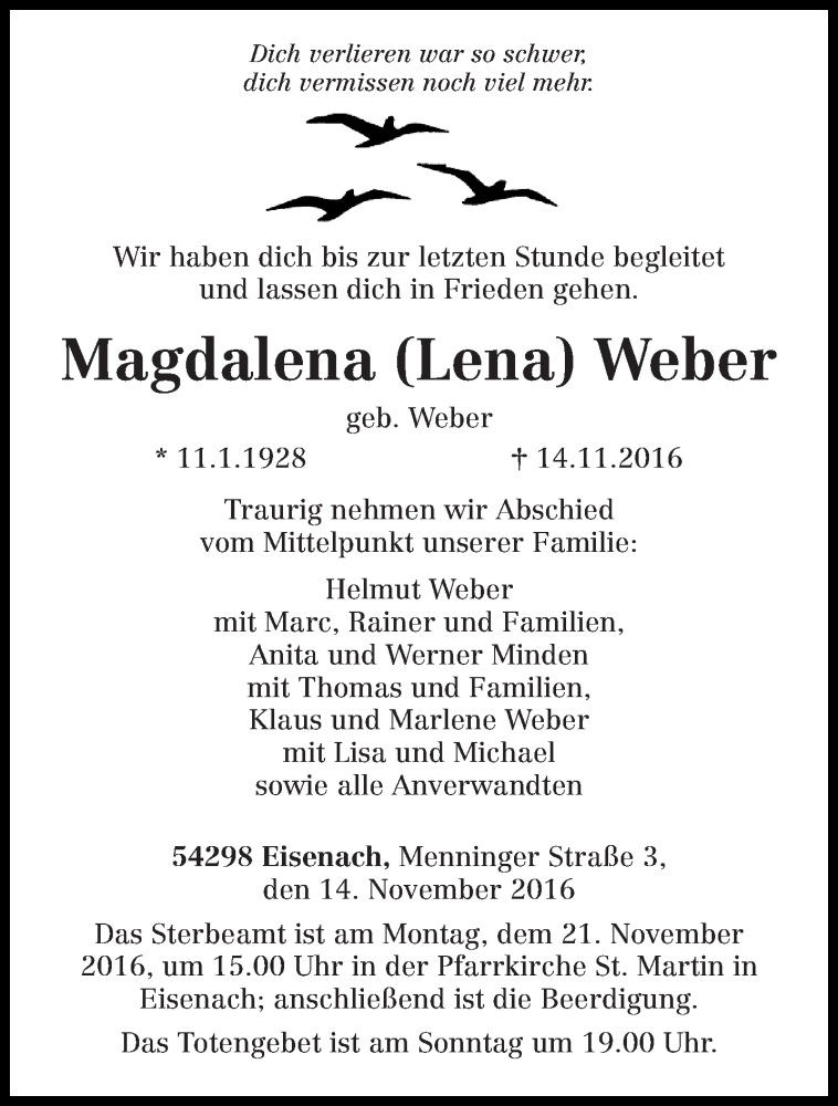  Traueranzeige für Magdalena  Weber vom 16.11.2016 aus trierischer_volksfreund