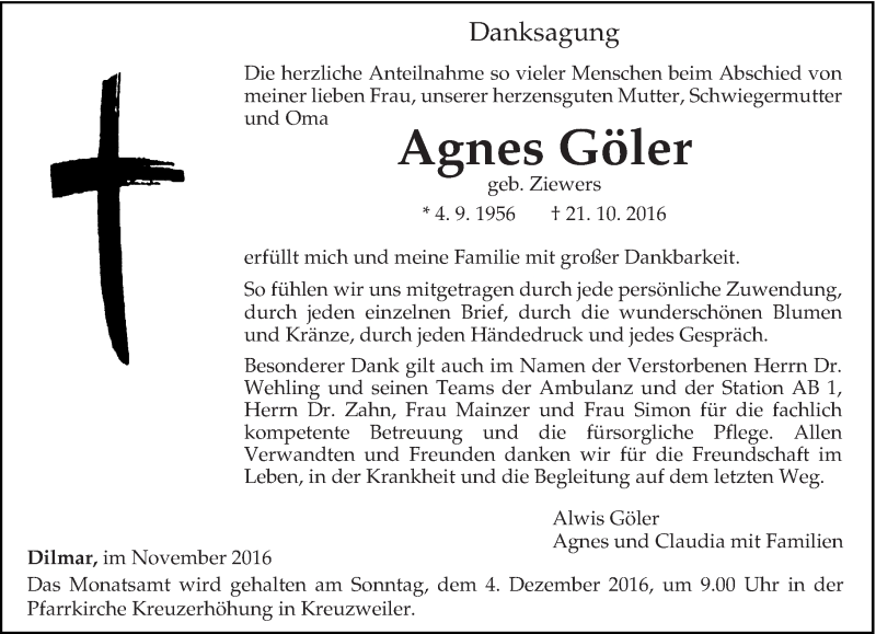  Traueranzeige für Agnes Göler vom 26.11.2016 aus trierischer_volksfreund