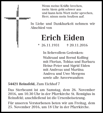 Traueranzeige von Erich Eiden von trierischer_volksfreund