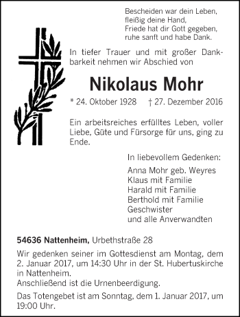 Traueranzeige von Nikolaus Mohr von trierischer_volksfreund