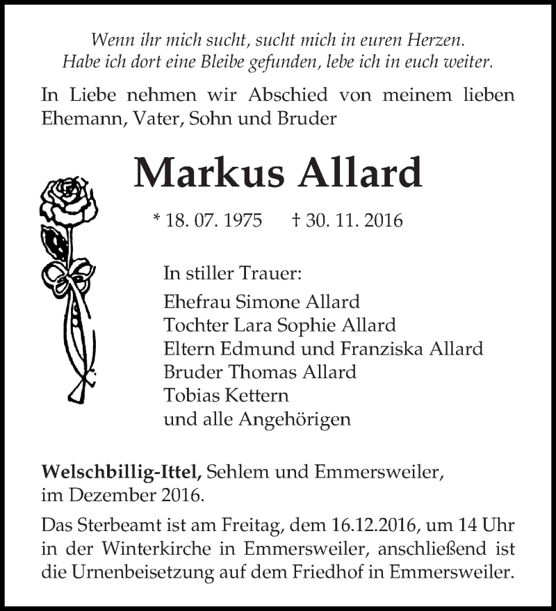  Traueranzeige für Markus Allard vom 10.12.2016 aus trierischer_volksfreund