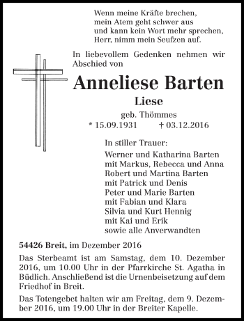Traueranzeige von Anneliese Barten von trierischer_volksfreund