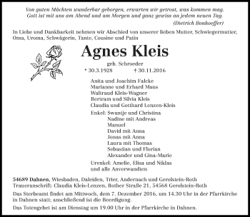 Traueranzeige von Agnes Kleis von trierischer_volksfreund