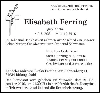 Traueranzeige von Elisabeth Ferring von trierischer_volksfreund