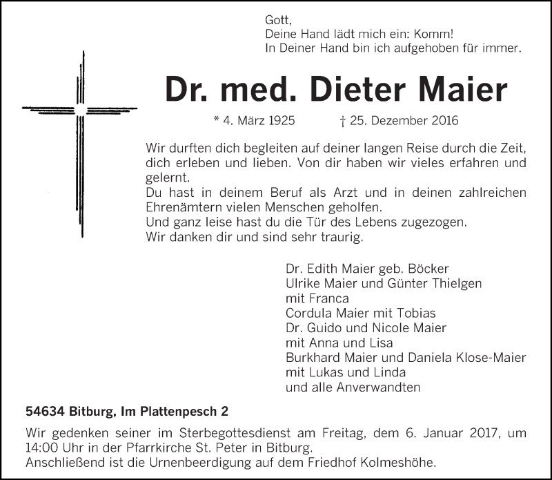  Traueranzeige für Dieter Maier vom 28.12.2016 aus trierischer_volksfreund