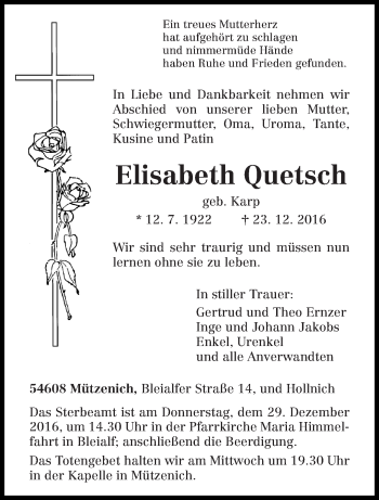 Traueranzeige von Elisabeth Quetsch von trierischer_volksfreund