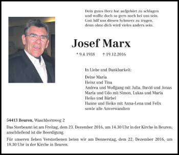 Traueranzeige von Josef Marx von trierischer_volksfreund