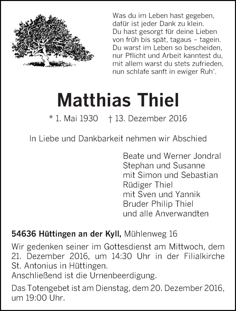  Traueranzeige für Matthias Thiel vom 17.12.2016 aus trierischer_volksfreund