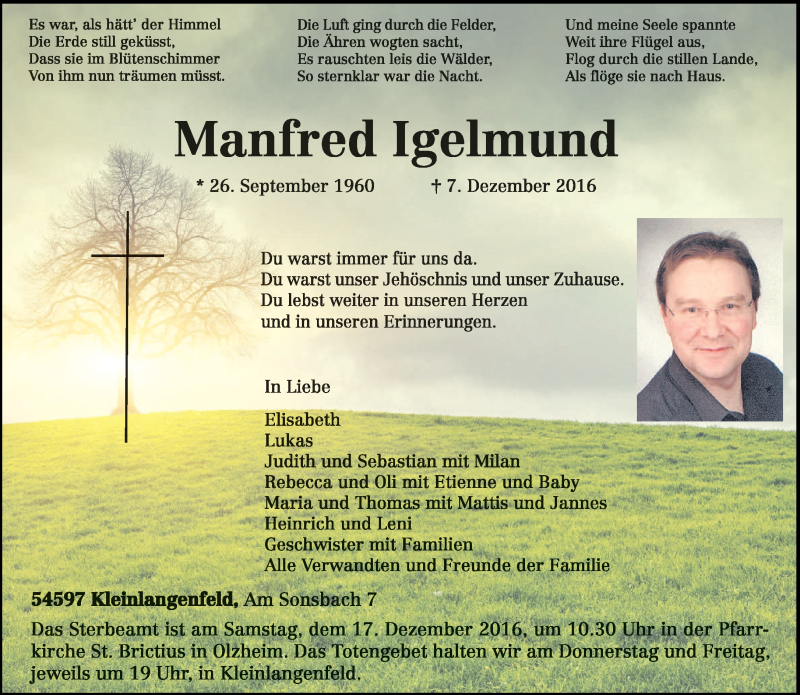  Traueranzeige für Manfred Igelmund vom 13.12.2016 aus trierischer_volksfreund