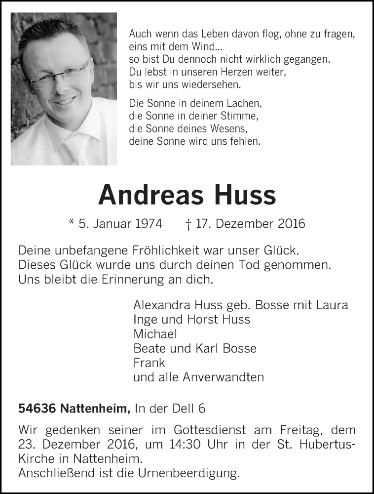  Traueranzeige für Andreas Huss vom 20.12.2016 aus trierischer_volksfreund