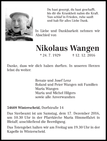Traueranzeige von Nikolaus Wangen von trierischer_volksfreund