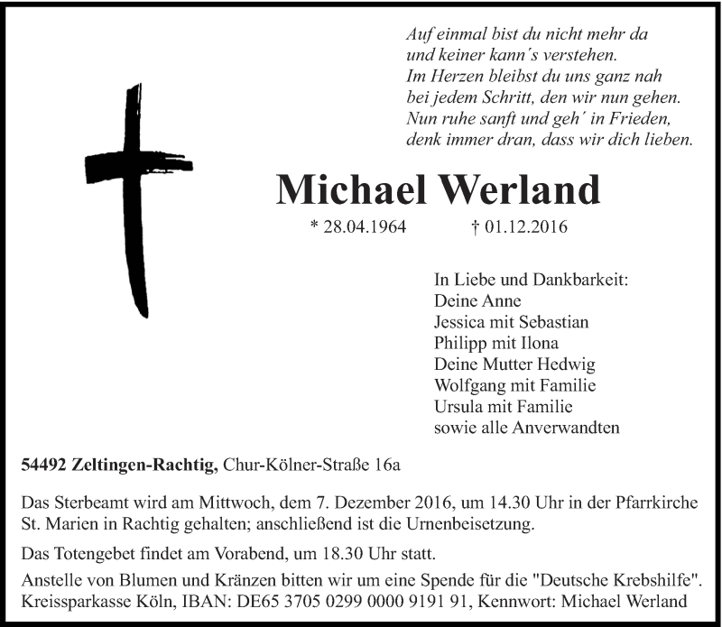  Traueranzeige für Michael Werland vom 03.12.2016 aus trierischer_volksfreund