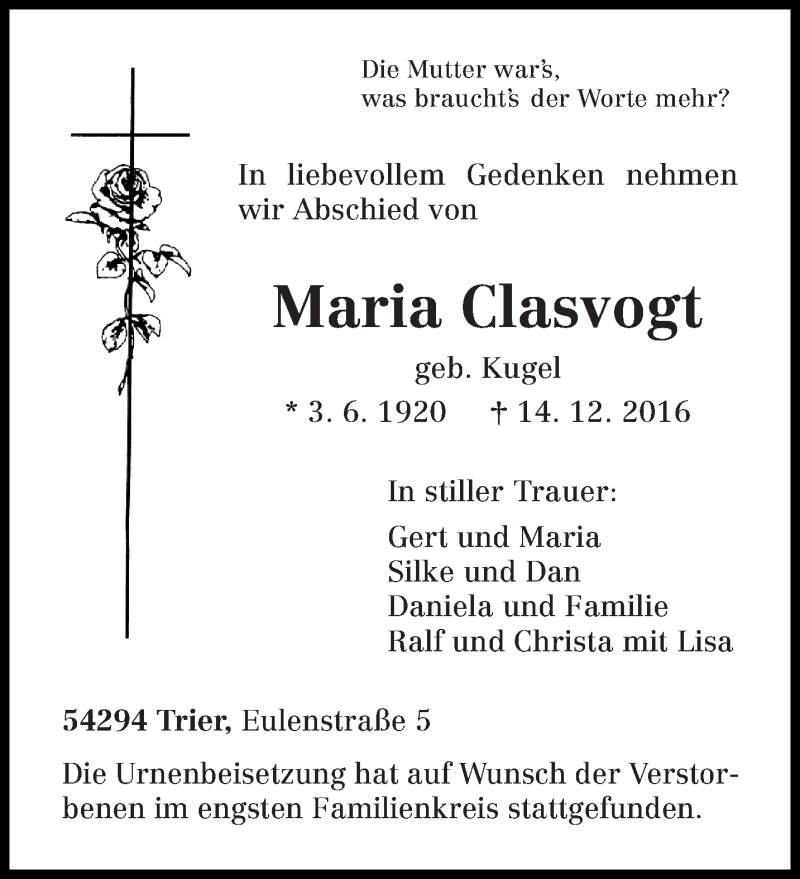  Traueranzeige für Maria Clasvogt vom 24.12.2016 aus trierischer_volksfreund