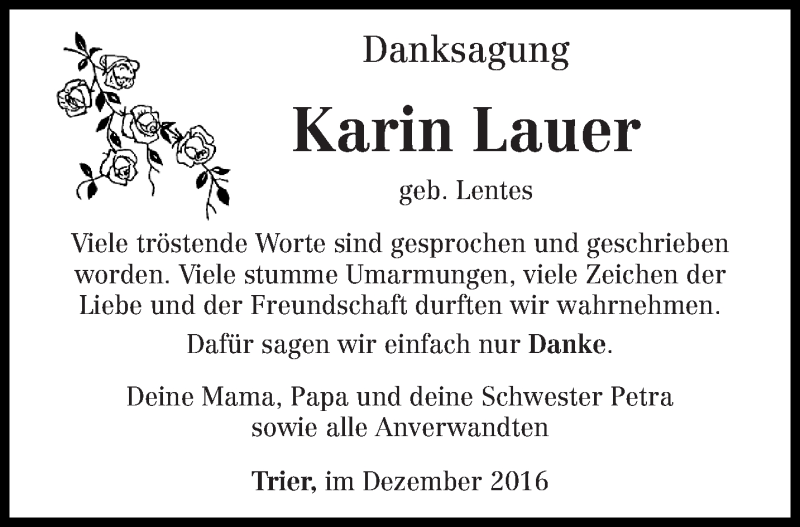  Traueranzeige für Karin Lauer vom 17.12.2016 aus trierischer_volksfreund