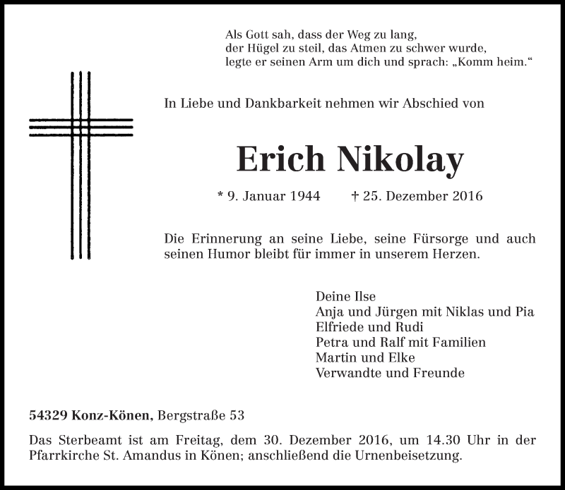  Traueranzeige für Erich Nikolay vom 28.12.2016 aus trierischer_volksfreund