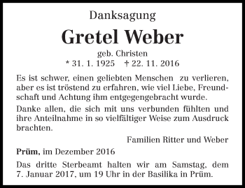 Traueranzeige von Gretel Weber von trierischer_volksfreund