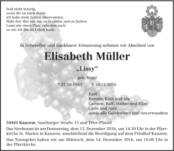 Traueranzeige von Elisabeth Müller von trierischer_volksfreund