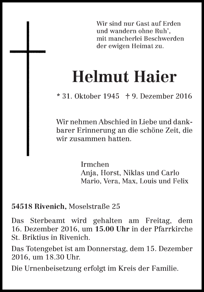  Traueranzeige für Helmut Haier vom 13.12.2016 aus trierischer_volksfreund