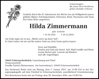 Traueranzeige von Hilda Zimmermann von trierischer_volksfreund