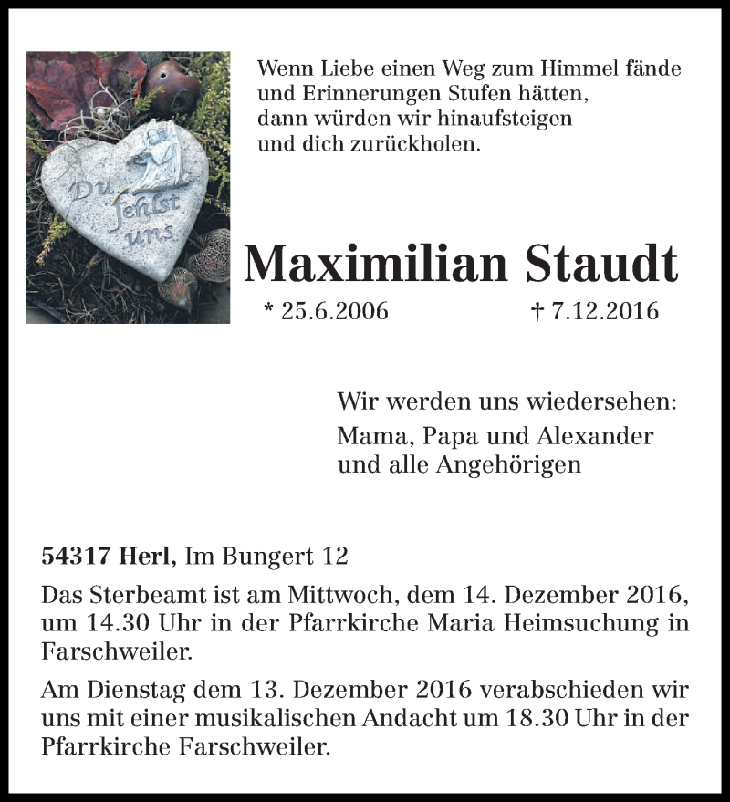  Traueranzeige für Maximilian Staudt vom 13.12.2016 aus trierischer_volksfreund