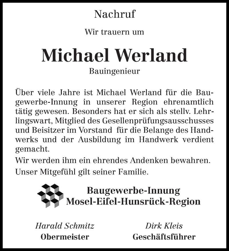  Traueranzeige für Michael Werland vom 06.12.2016 aus trierischer_volksfreund