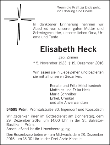Traueranzeige von Elisabeth Heck von trierischer_volksfreund
